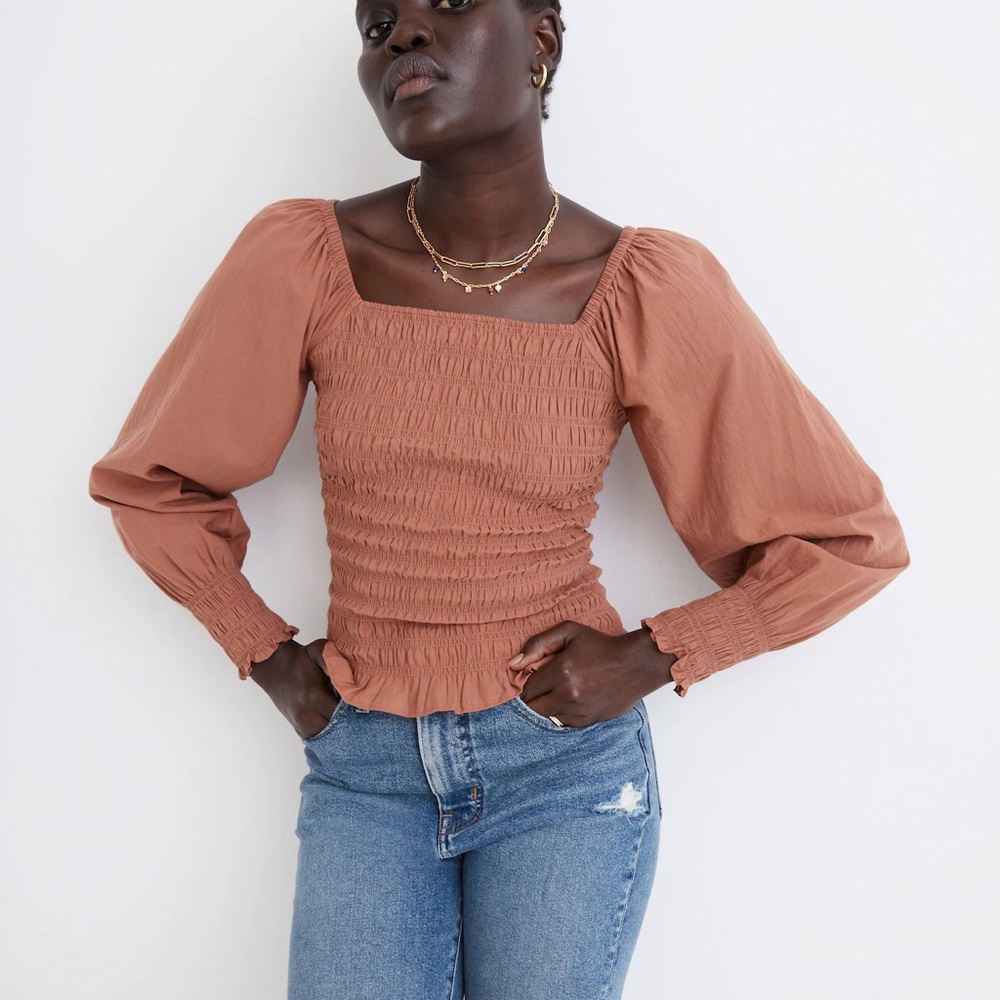 Madewell Lucie Bubble-Sleeve Smocked Top in Warm Umber